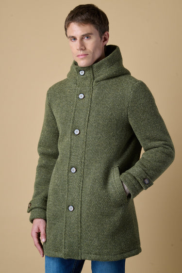 Military-green mélange seed-stitch hooded long parka with V2 fabric lining