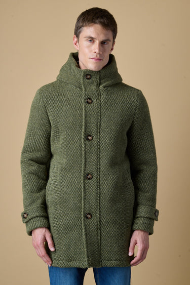 Military-green mélange seed-stitch hooded long parka with V2 fabric lining