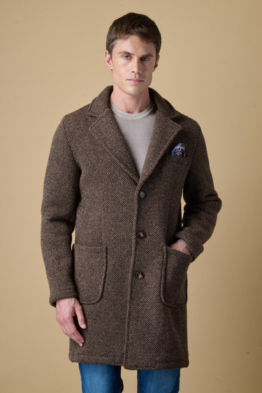 Brown mélange seed-stitch single-breasted coat with V2 fabric lining and pocket square