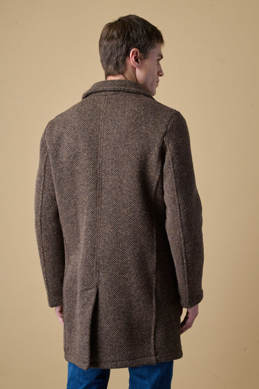 Brown mélange seed-stitch single-breasted coat with V2 fabric lining and pocket square