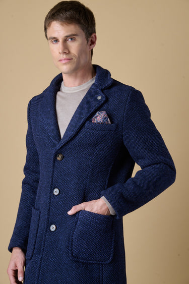 Blue mélange seed-stitch single-breasted coat with V2 fabric lining and pocket square