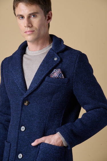 Blue mélange seed-stitch single-breasted coat with V2 fabric lining and pocket square