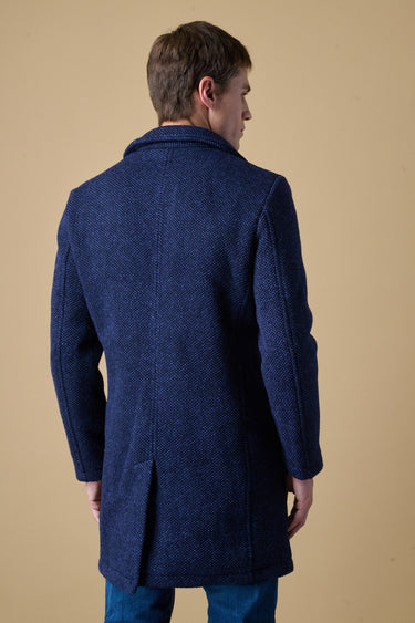 Blue mélange seed-stitch single-breasted coat with V2 fabric lining and pocket square