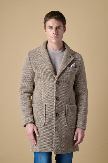 Sand mélange seed-stitch single-breasted coat with V2 fabric lining and pocket square