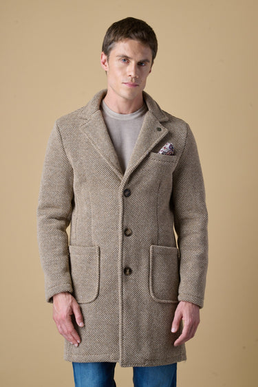 Sand mélange seed-stitch single-breasted coat with V2 fabric lining and pocket square