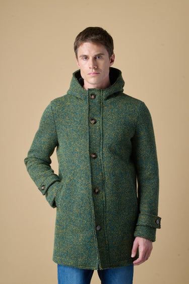 Multicolor green bonded hooded seed-stitch long parka