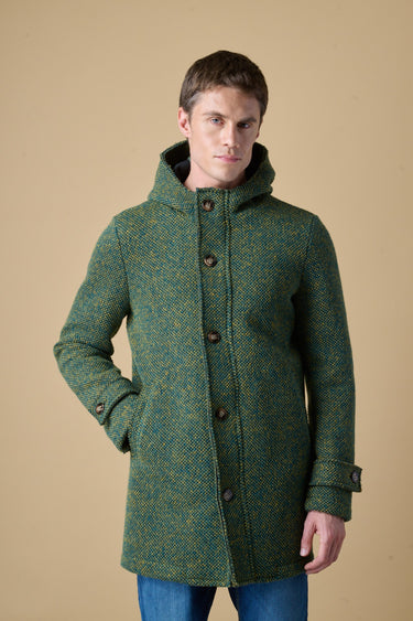 Multicolor green bonded hooded seed-stitch long parka