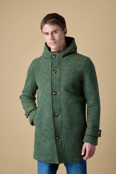 Multicolor green bonded hooded seed-stitch long parka