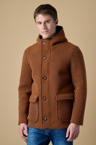 Multicolor orange bonded hooded seed-stitch short parka