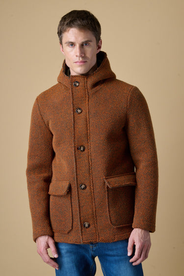 Multicolor orange bonded hooded seed-stitch short parka