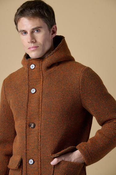 Multicolor orange bonded hooded seed-stitch short parka