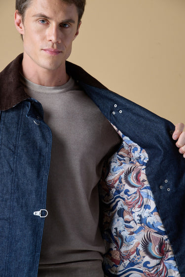 Sahariana Aviator Denim Lavaggio 0 imbottita con collo in Velluto e fodera interna in tessuto V2