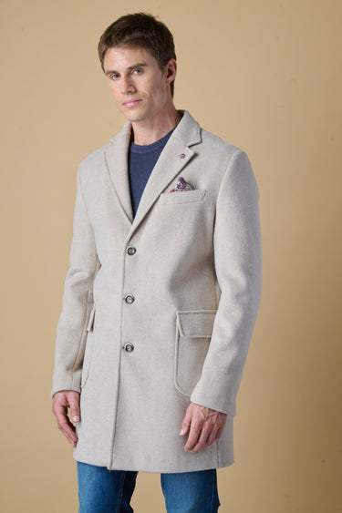 Sand single-breasted tailored coat with V2 fabric lining and pocket square