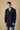 Blue double-breasted tailored coat with V2 fabric lining and pocket square