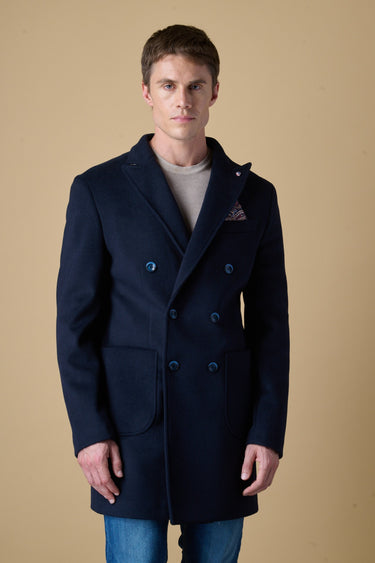 Blue double-breasted tailored coat with V2 fabric lining and pocket square