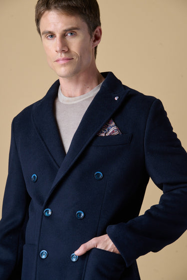 Blue double-breasted tailored coat with V2 fabric lining and pocket square