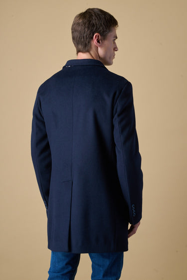 Blue double-breasted tailored coat with V2 fabric lining and pocket square