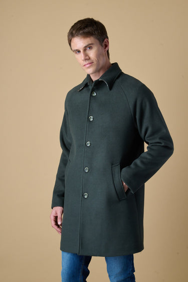 Military green pinstripe tailored coat with V2 fabric lining