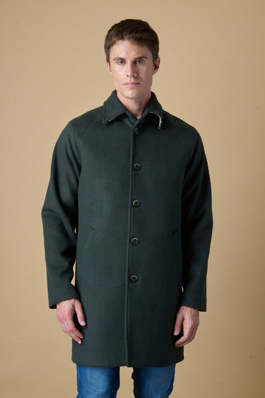 Military green pinstripe tailored coat with V2 fabric lining