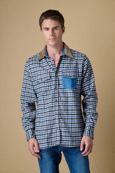 Camicia Texana Quadretto Nero con taschino Jeans e collo in Velluto