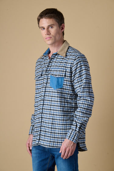 Camicia Texana Quadretto Nero con taschino Jeans e collo in Velluto