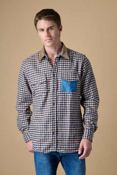 Camicia Texana Quadretto Blu con taschino Jeans e collo in Velluto