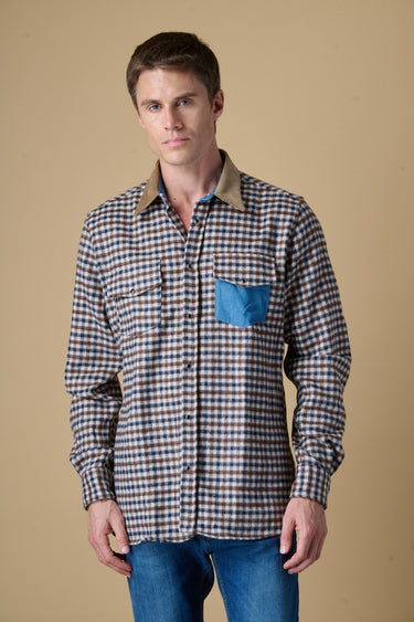 Camicia Texana Quadretto Blu con taschino Jeans e collo in Velluto