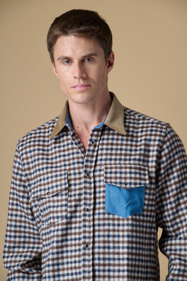 Camicia Texana Quadretto Blu con taschino Jeans e collo in Velluto
