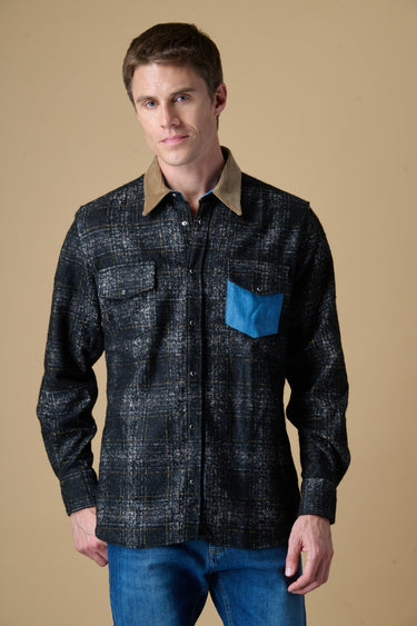 Camicia Texana Scozzese Nero con taschino Jeans e collo in Velluto