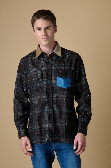 Camicia Texana Scozzese Moro con taschino Jeans e collo in Velluto