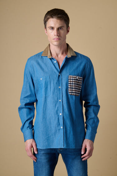 Camicia Denim con taschino Quadretto e collo in Velluto