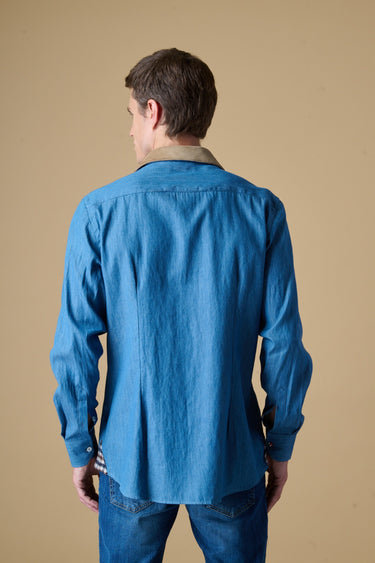 Camicia Denim con taschino Quadretto e collo in Velluto
