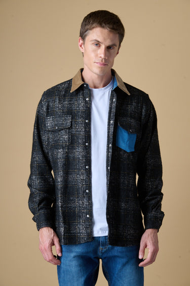 Camicia Texana Scozzese Nero con taschino Jeans e collo in Velluto