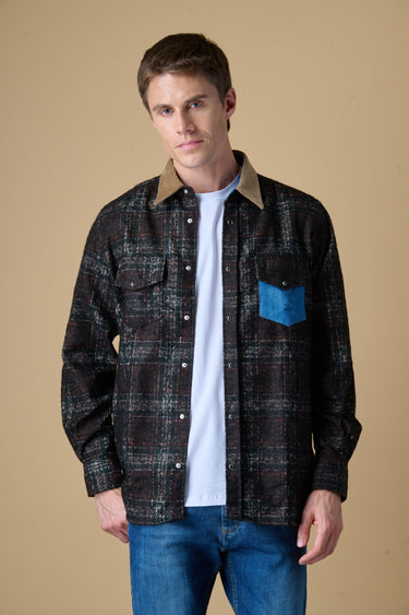 Camicia Texana Scozzese Moro con taschino Jeans e collo in Velluto