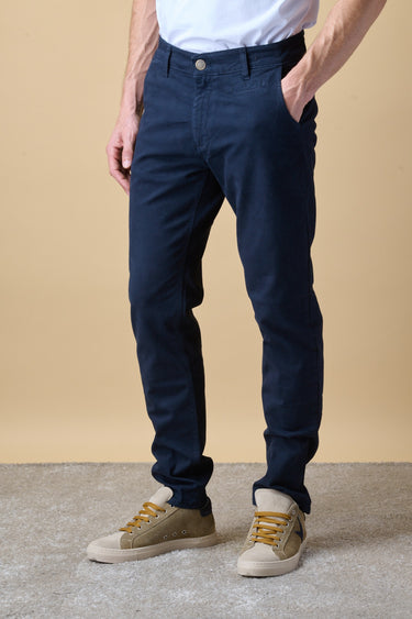 ROMA - Chino Slim in cotone Blu con salpa ricamata in tessuto V2