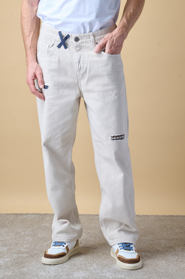 PARIGI PREMIUM - Jeans Over Old Sabbia con Tasca Ricamata, doppia Patch frontale e salpa in tessuto V2