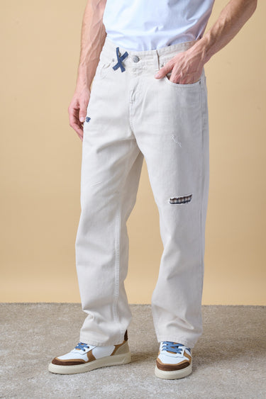 PARIGI PREMIUM - Jeans Over Old Sabbia con Tasca Ricamata, doppia Patch frontale e salpa in tessuto V2