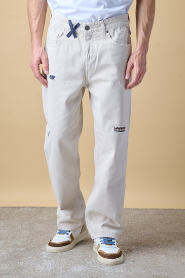 PARIGI PREMIUM - Jeans Over Old Sabbia con Tasca Ricamata, doppia Patch frontale e salpa in tessuto V2