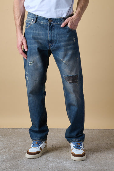 DETROIT PREMIUM - Jeans Loose Fit - Vintage Blu con patch frontali e sul retro e salpa in doppio tessuto V2