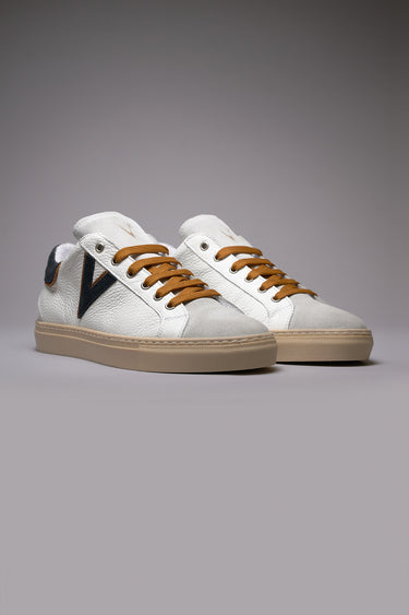 OLYMPIC V - Low-top sneakers in hammered leather with two-tone blue and leather insert and back