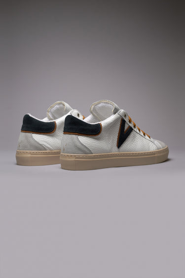 OLYMPIC V - Low-top sneakers in hammered leather with two-tone blue and leather insert and back