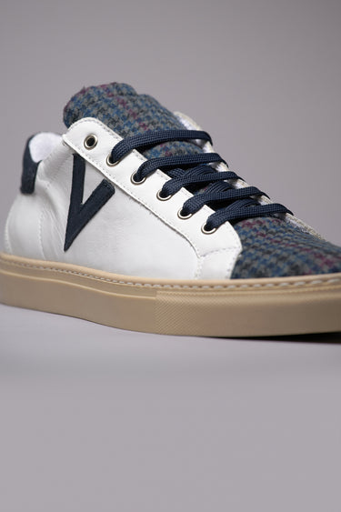 OLYMPIC - Sneakers a suola bassa in pelle Bianca con linguetta in tessuto Pied de Poule