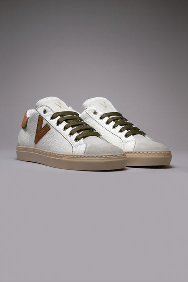 OLYMPIC V - Low-top sneakers in hammered leather with two-tone leather and military green insert and back