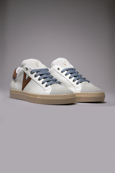 OLYMPIC V - Low-top sneakers in hammered leather with two-tone insert and back in dark brown and jeans