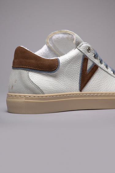 OLYMPIC V - Low-top sneakers in hammered leather with two-tone insert and back in dark brown and jeans