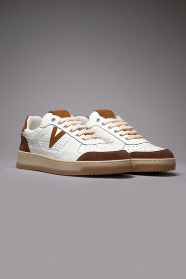 COLLEGE - White Sneakers with Two-Tone Leather and Dark Brown Inserts and Sole