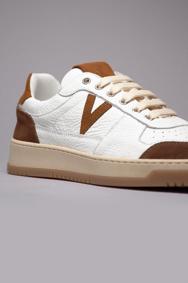 COLLEGE - White Sneakers with Two-Tone Leather and Dark Brown Inserts and Sole