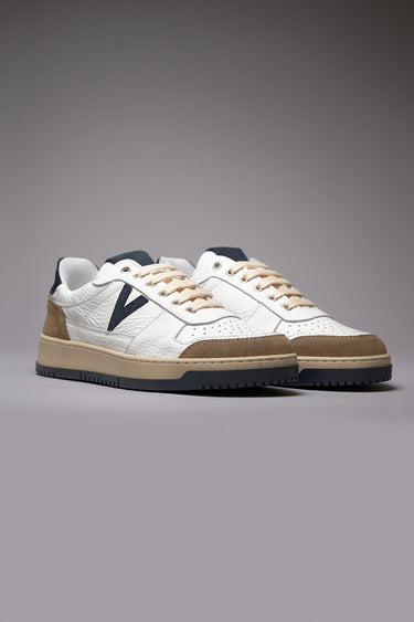 COLLEGE - White Sneakers with Blue and Sand Inserts and Two-Tone Sole