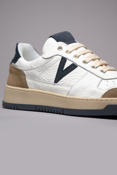 COLLEGE - White Sneakers with Blue and Sand Inserts and Two-Tone Sole