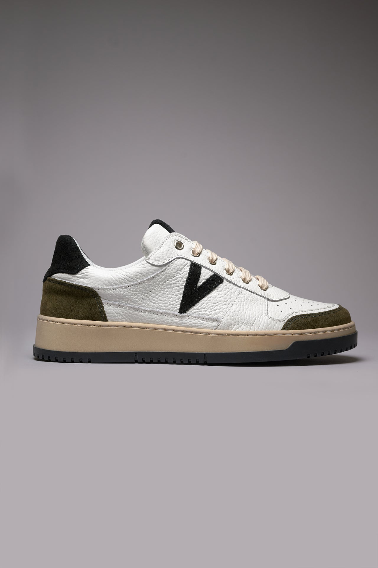 COLLEGE - Sneakers Bianca con inserti e suola Bicolor Nero e Verde Militare